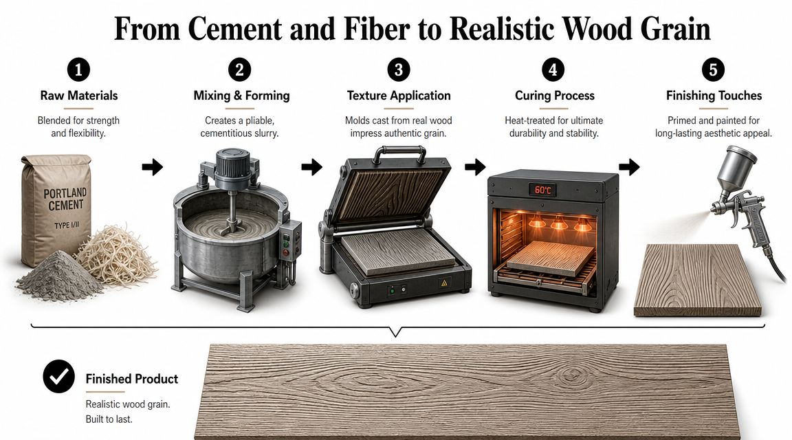 A five-step manufacturing infographic showing how raw cement and fibers are transformed into realistic wood grain siding.