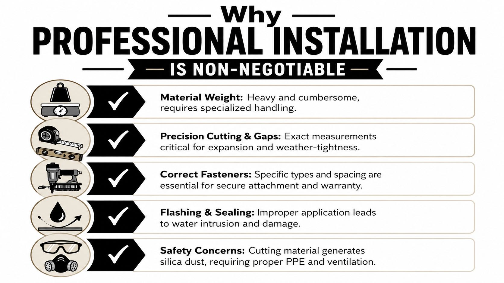 An infographic detailing five key reasons why professional installation is necessary for fiber cement building materials.