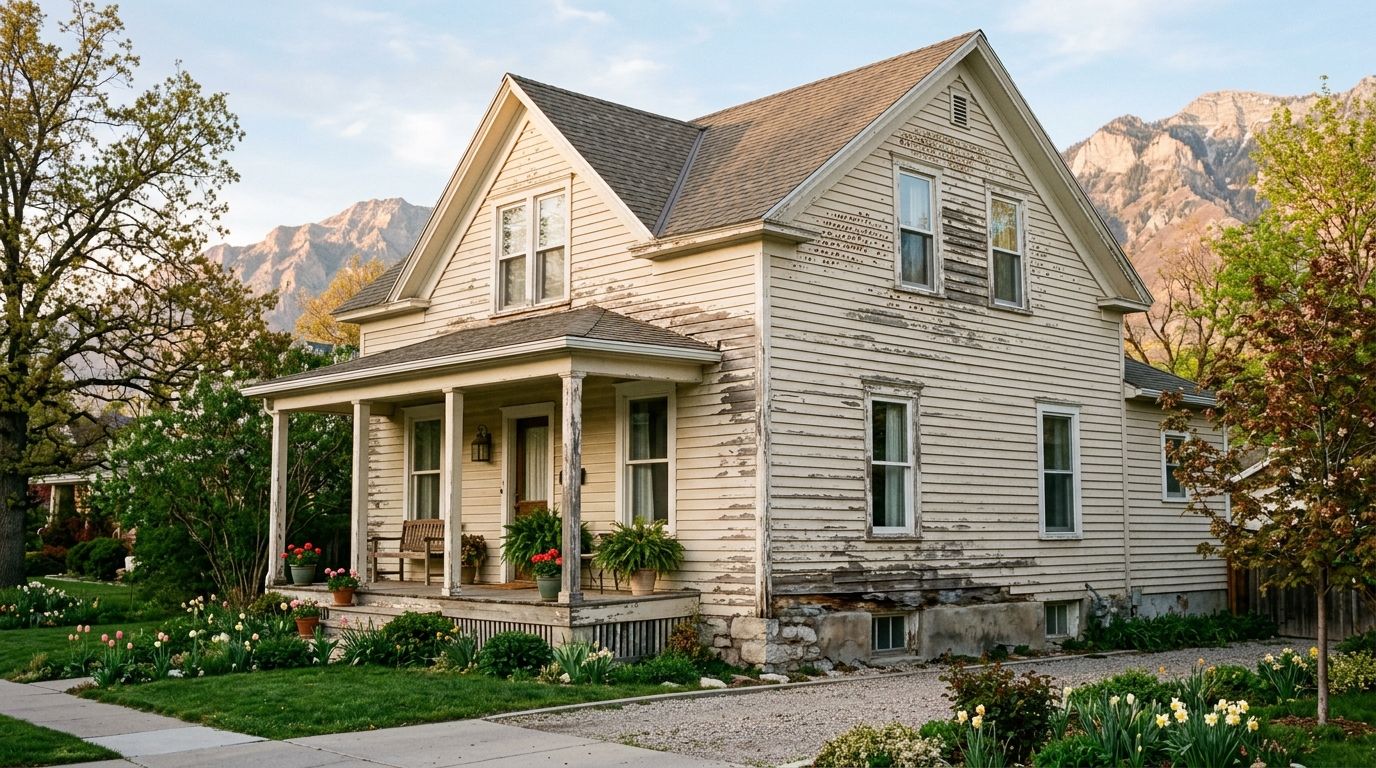 A rustic beige wooden house with a porch and peeling paint sits before beautiful snow-capped mountains.