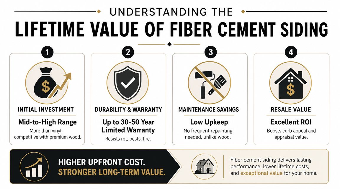 An infographic illustrating the lifetime value, durability, and financial benefits of installing fiber cement siding.