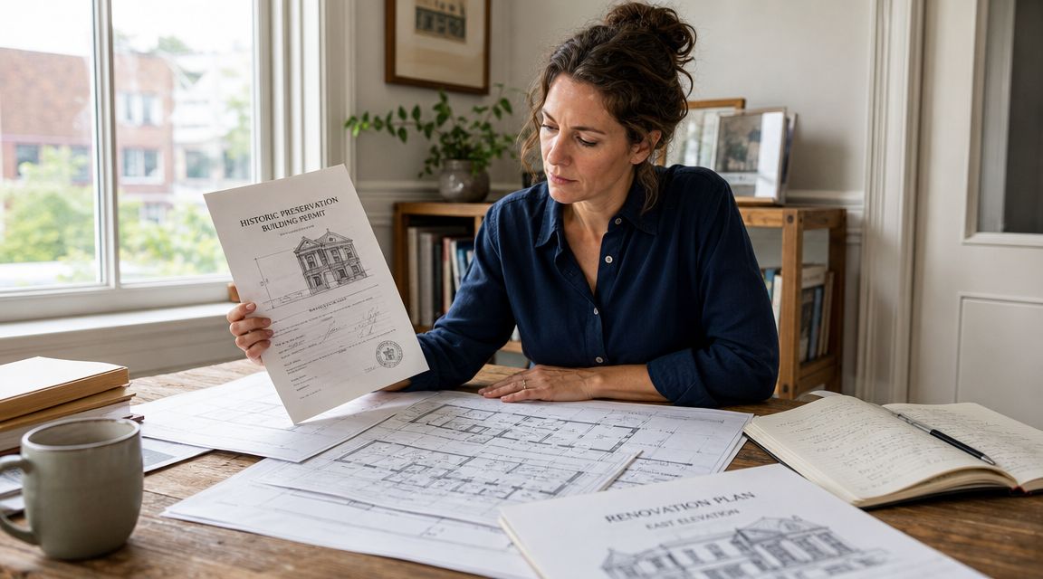 A professional woman reviews historic home renovation building permits and architectural floor plans at her wooden desk.