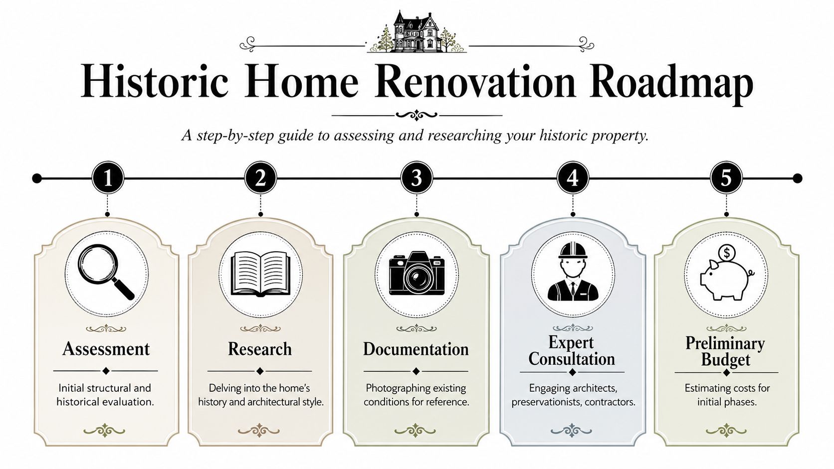 A five-step roadmap infographic for historic home renovation, covering assessment, research, documentation, consultation, and budgeting.
