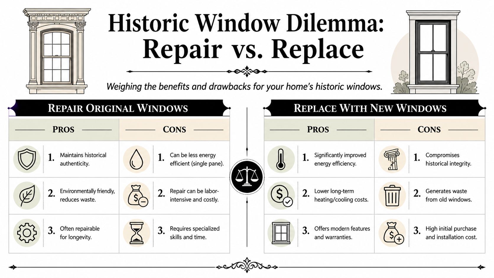 A comparison chart outlining the pros and cons of repairing versus replacing historic home windows.