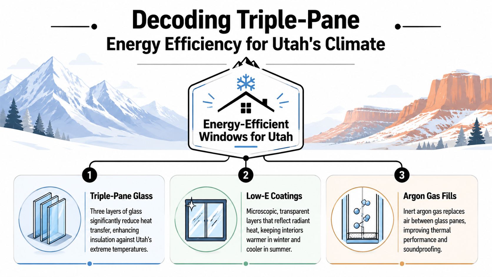 An infographic titled Decoding Triple-Pane Energy Efficiency for Utah's Climate illustrating window insulation technology features.