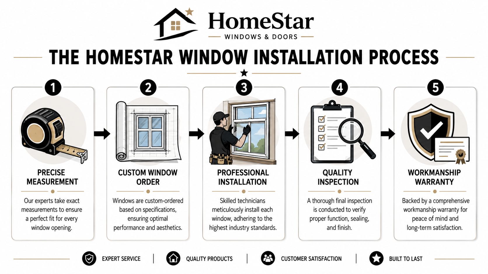 A step-by-step infographic illustrating the HomeStar windows and doors installation process from measurement to warranty.