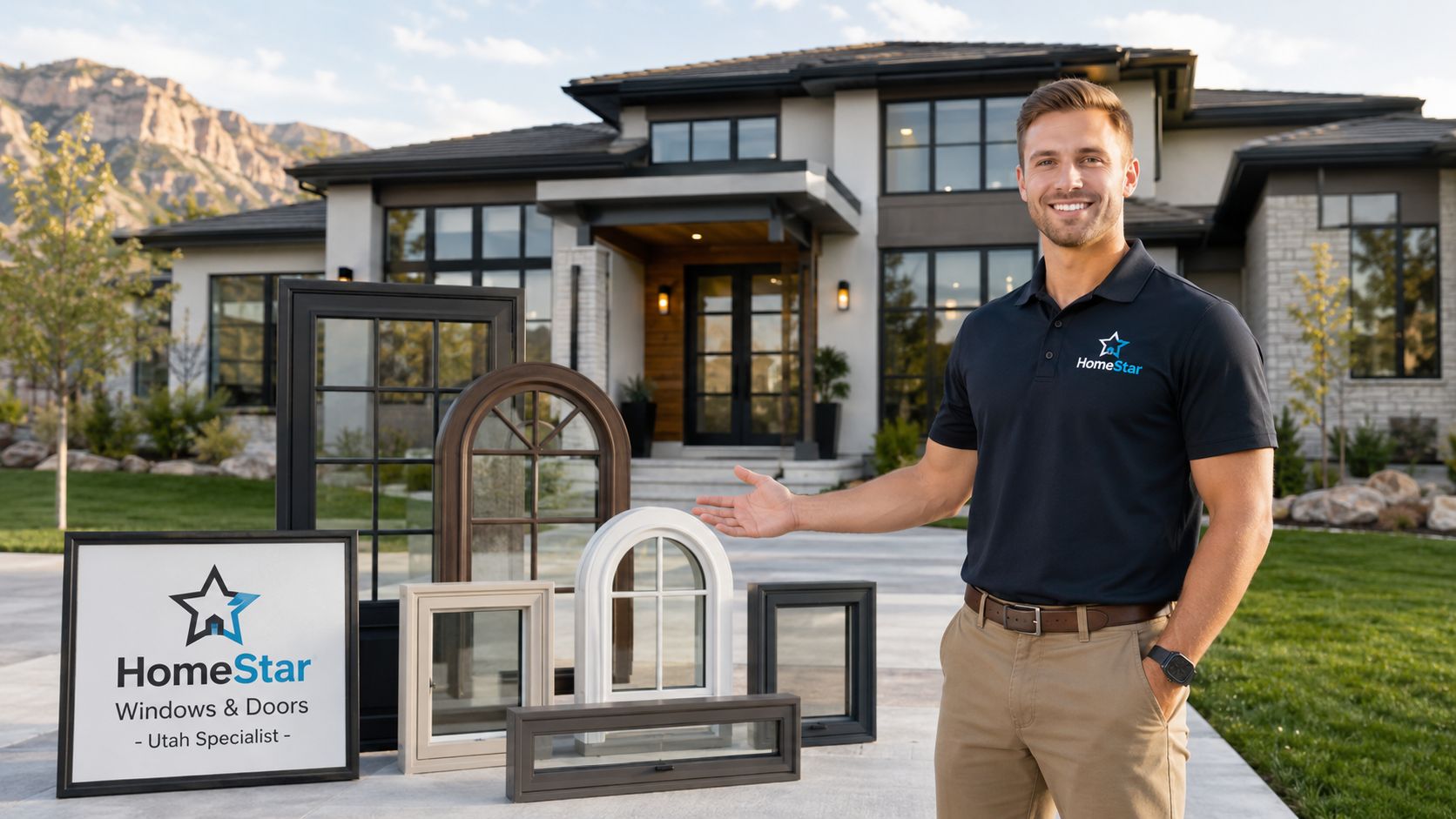 A professional man standing in front of a modern home showcasing various window and door products from HomeStar.