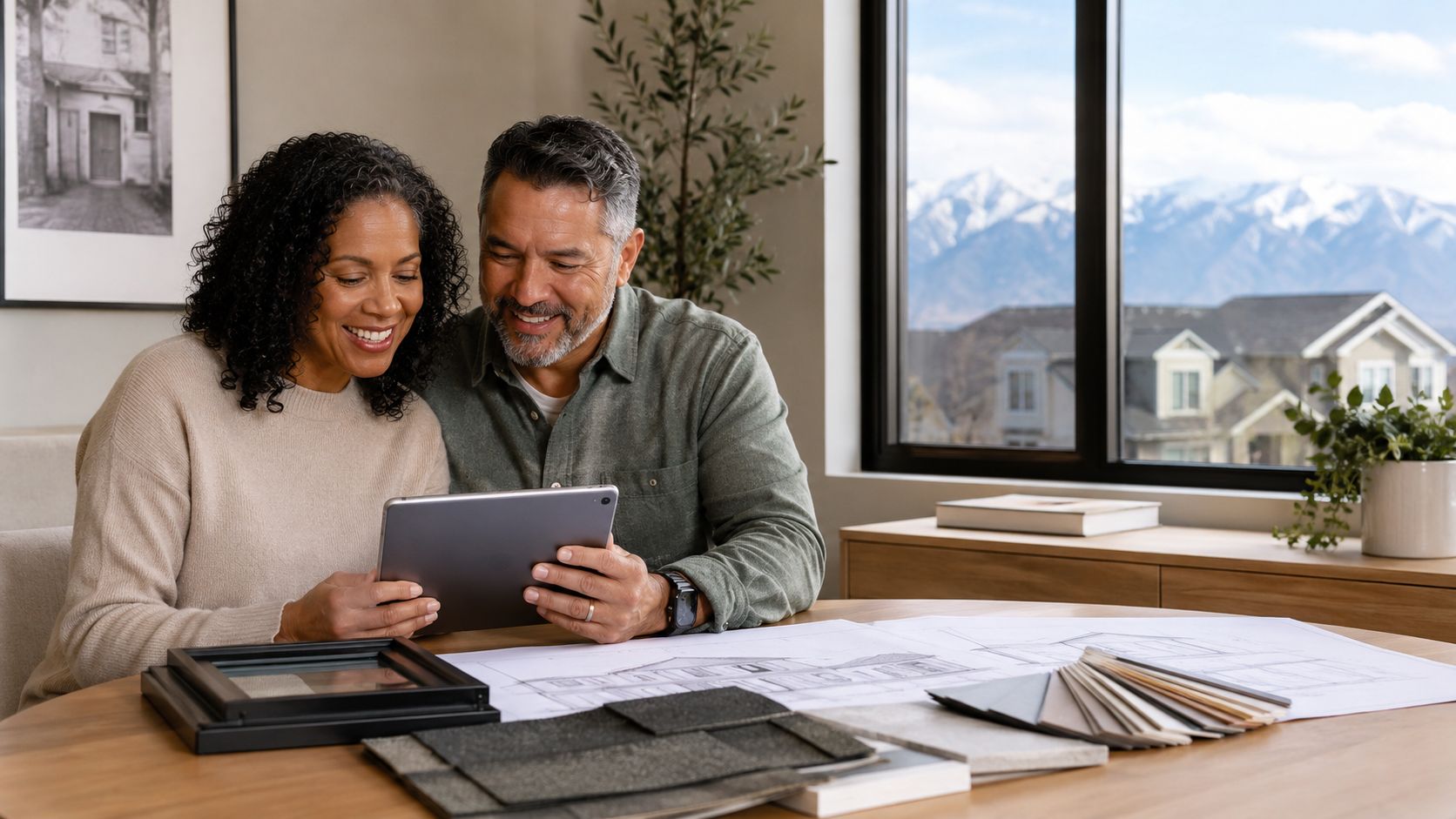 A happy couple reviews home construction plans on a digital tablet at a wooden table.