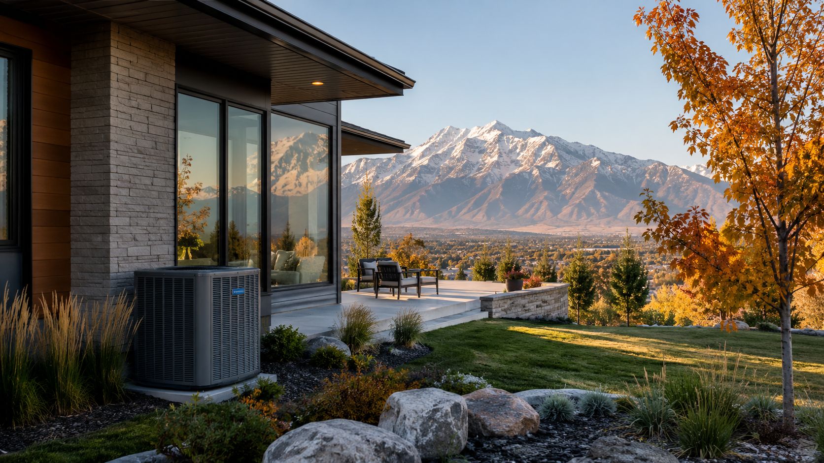 A modern home exterior with a high-efficiency HVAC heat pump installed against a scenic mountain backdrop.