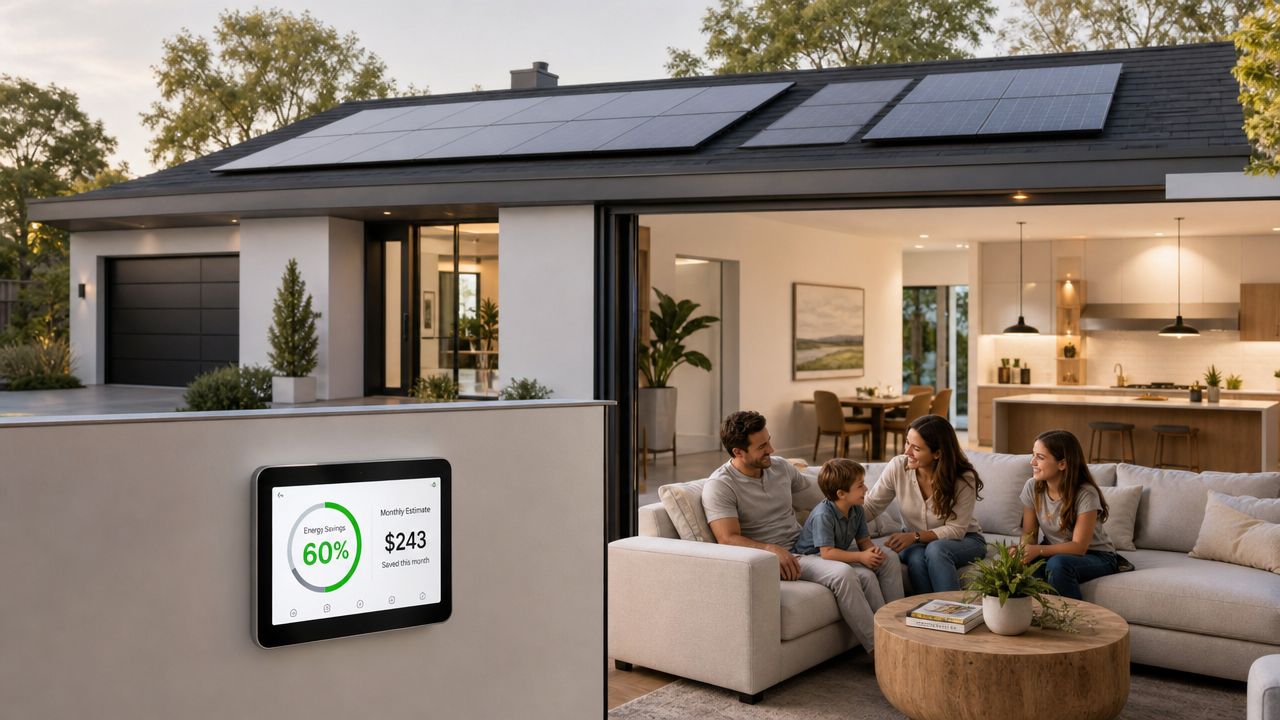 A happy family relaxing in a modern home with solar panels and an energy monitoring system display.