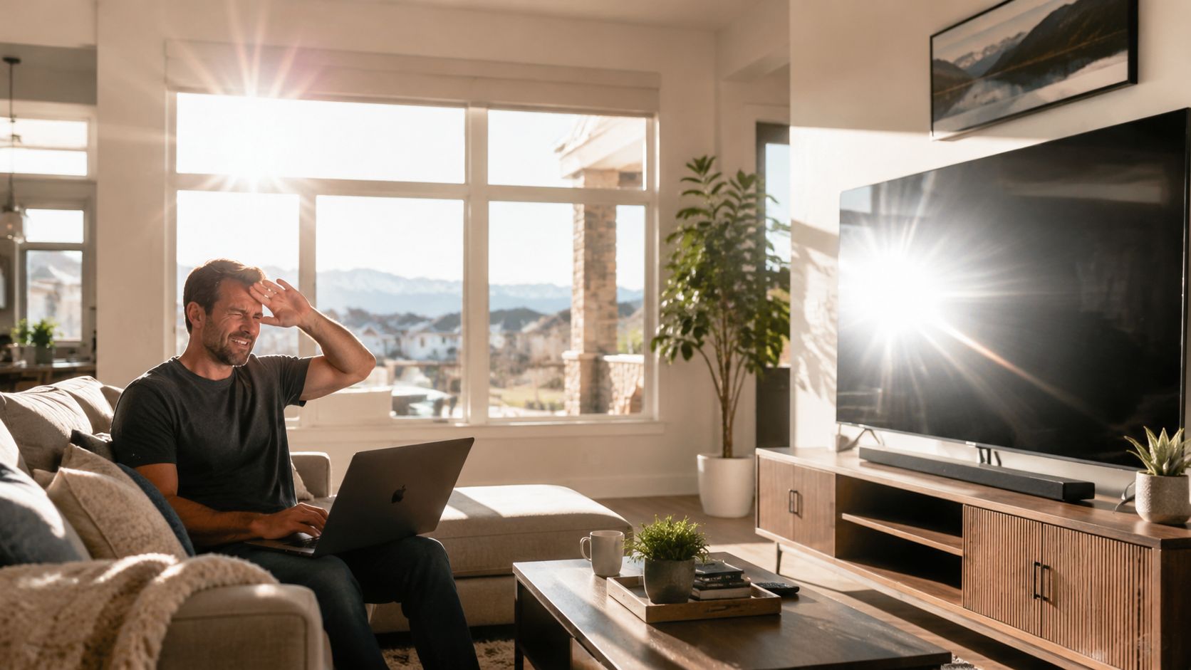 A man sits on a living room sofa shielding his eyes from bright sunlight reflecting off a television.