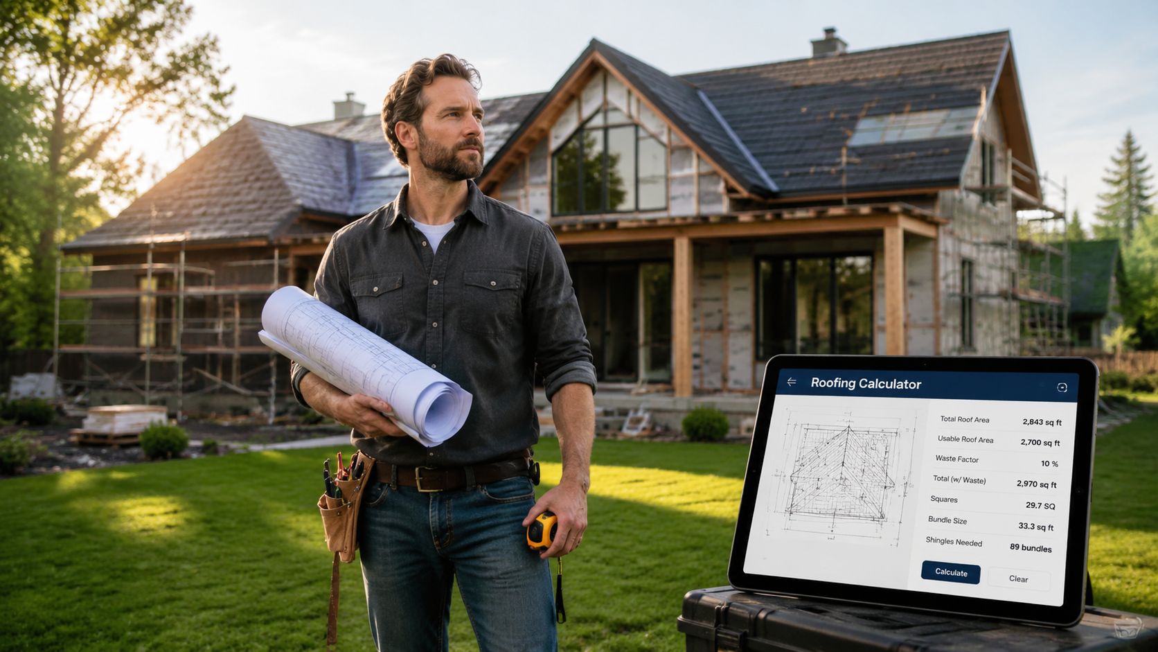 A professional construction contractor holding blueprints stands before a home with a digital roofing calculator tablet.