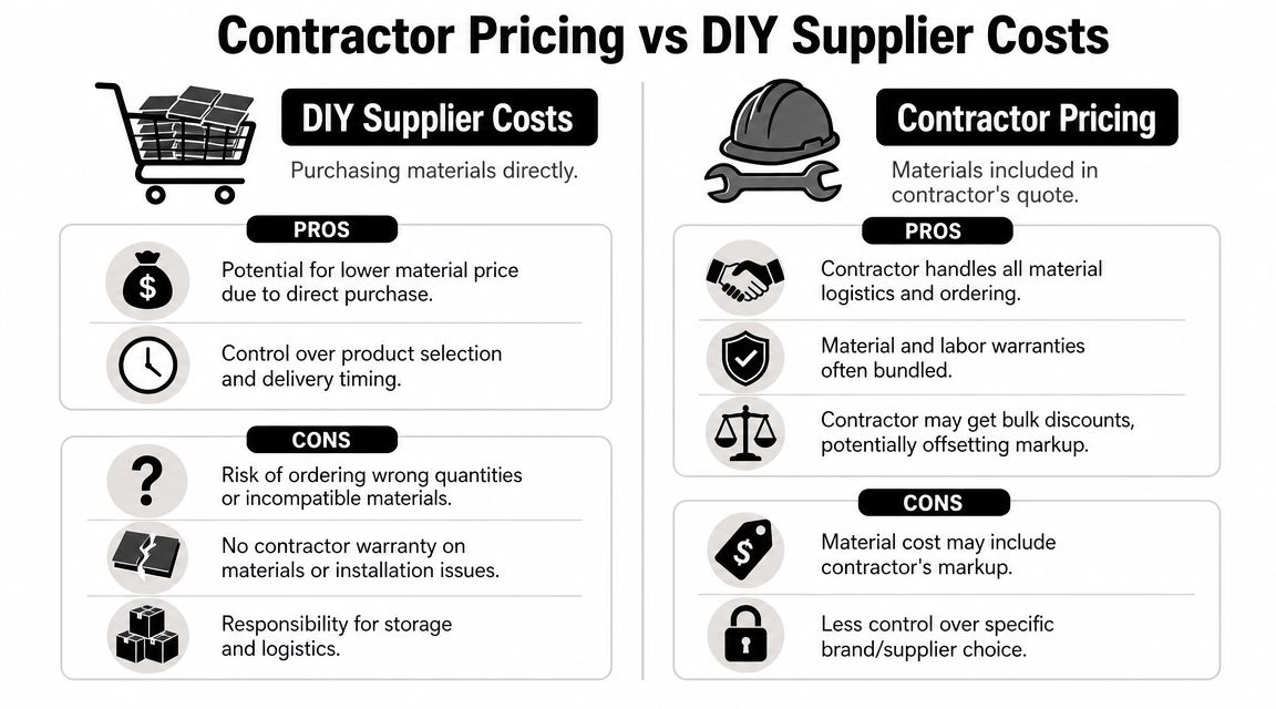 A comparison chart outlining the pros and cons of DIY material purchasing versus contractor provided pricing.