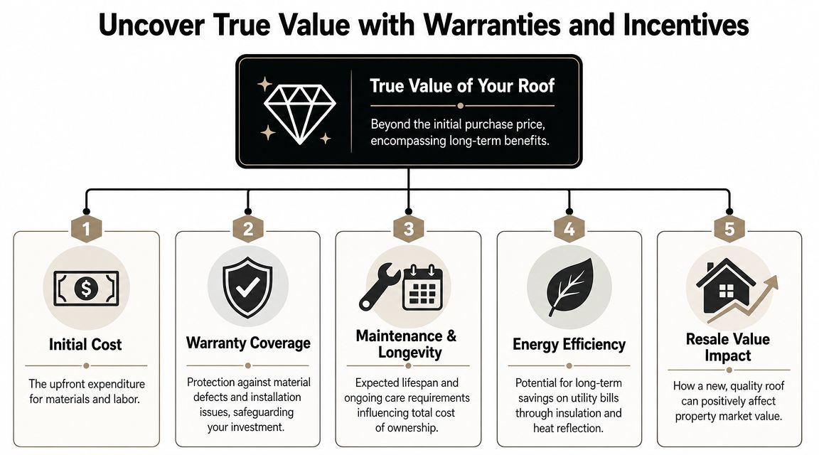 An infographic showing how to evaluate the true value of a roof through warranties and long-term benefits.
