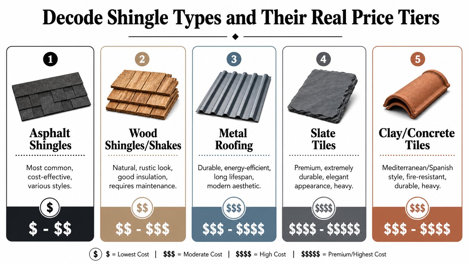 A comparison chart showing five types of roofing materials with their respective cost ranges and descriptions.