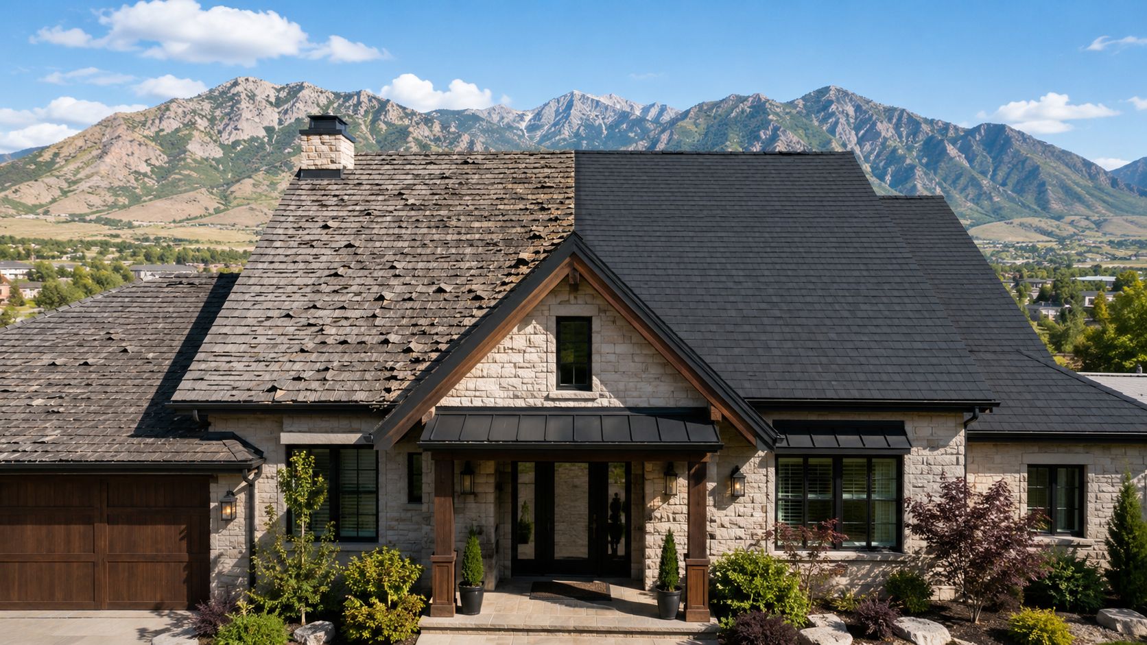 A split view showing an old weathered wood shingle roof transitioning to a new modern shingle roof.