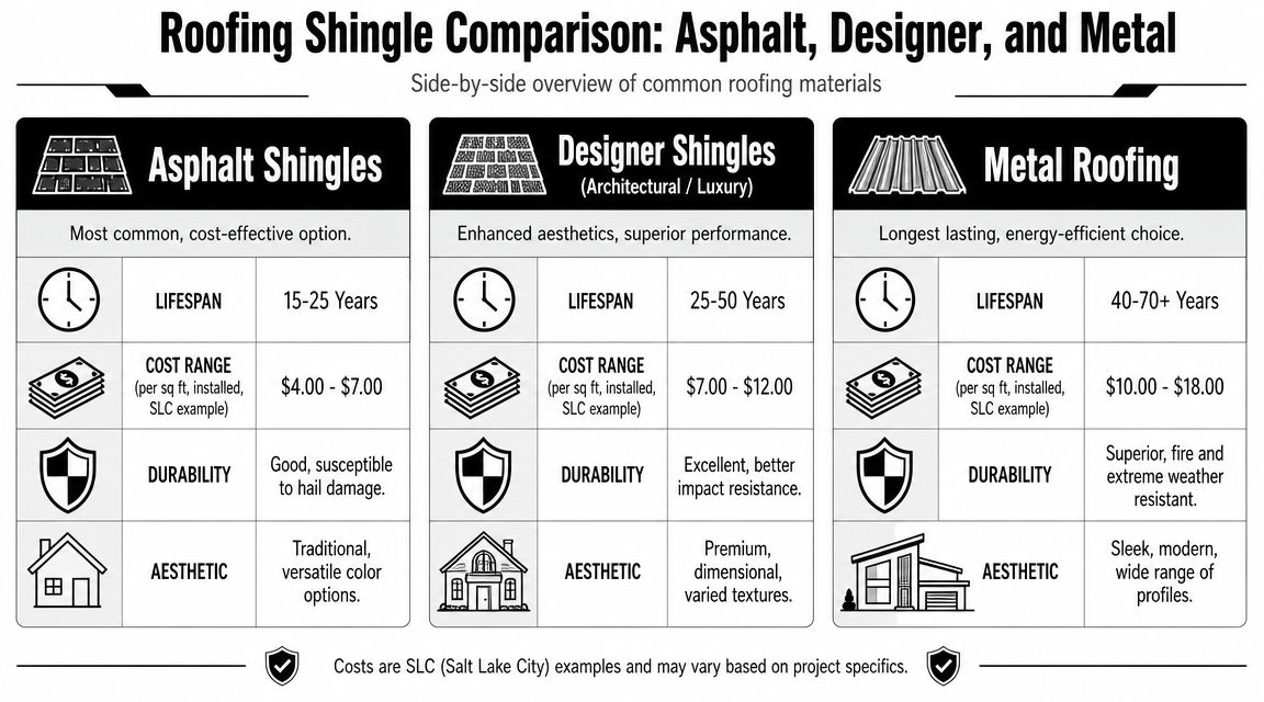 A comparison chart showing lifespans, costs, durability, and aesthetics of asphalt, designer, and metal roofing materials.