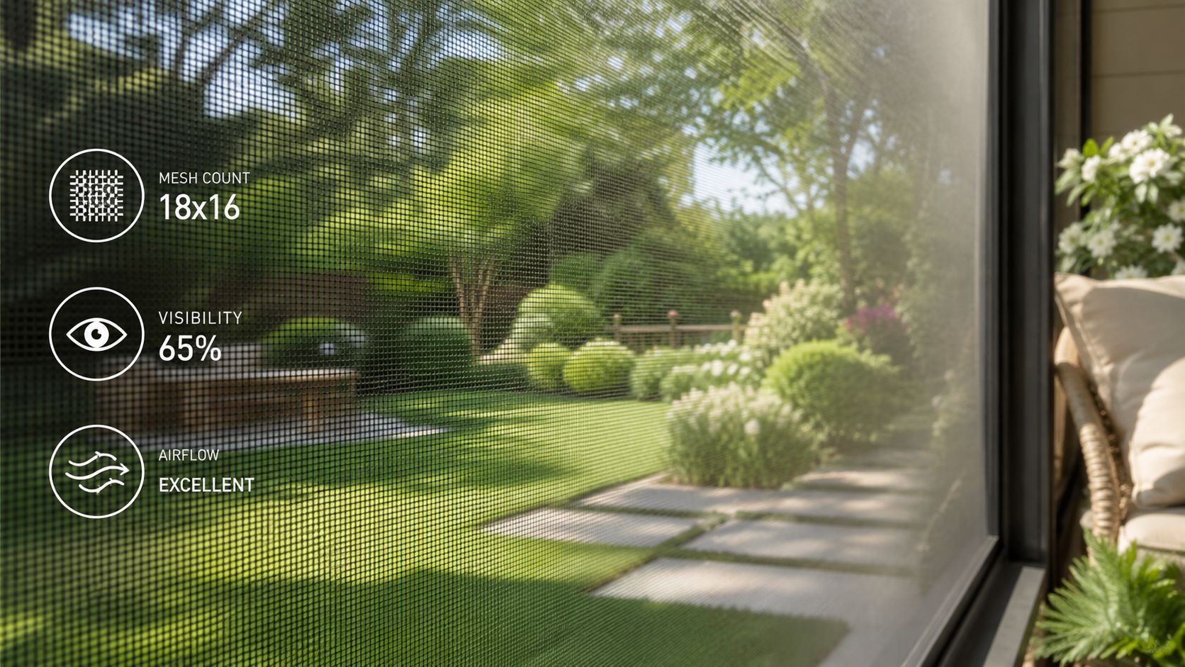 A close-up view through a black window screen showing a lush green backyard garden on a sunny day.