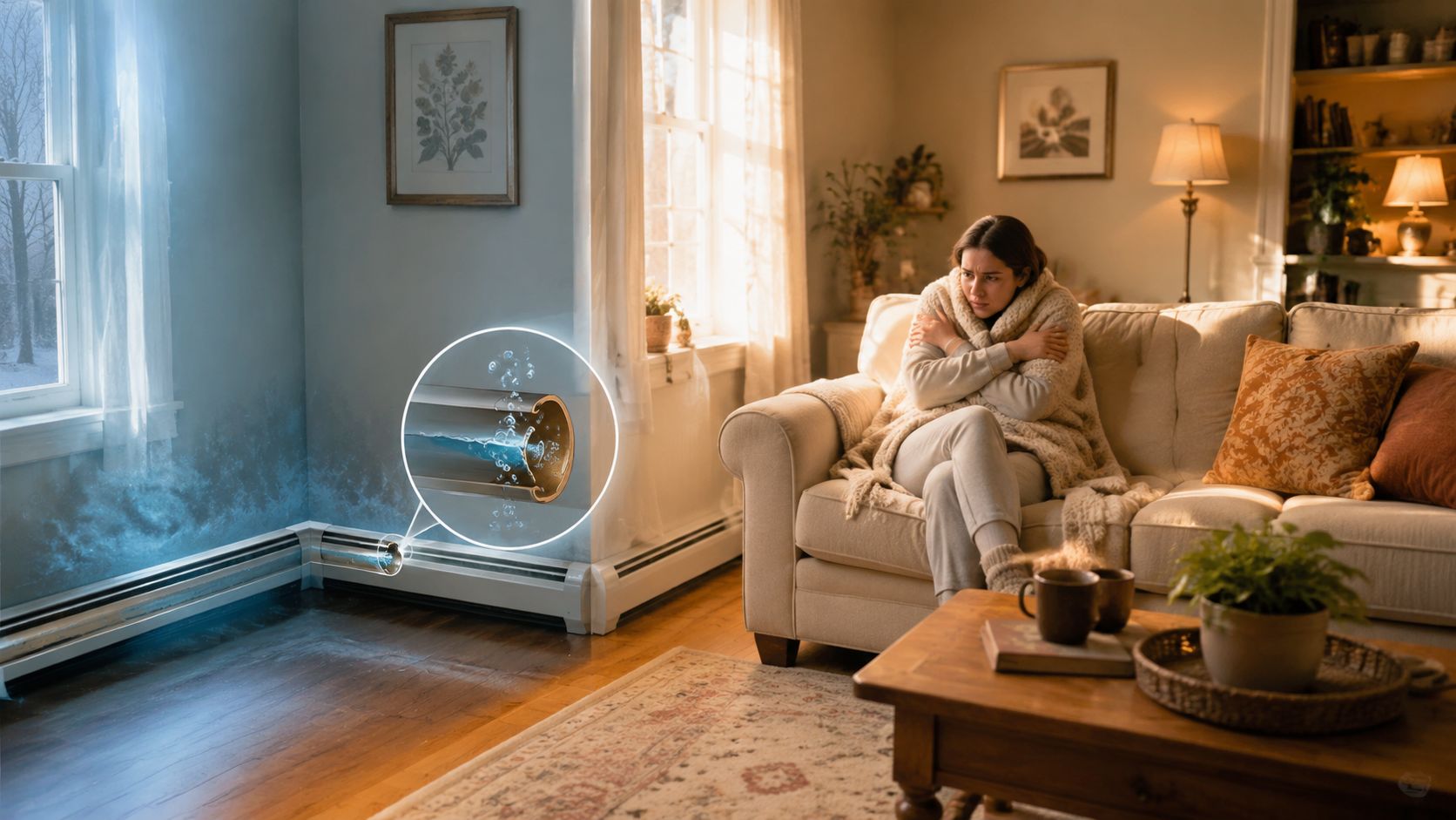 A woman huddled on a couch feeling cold next to a baseboard heater with an air problem.