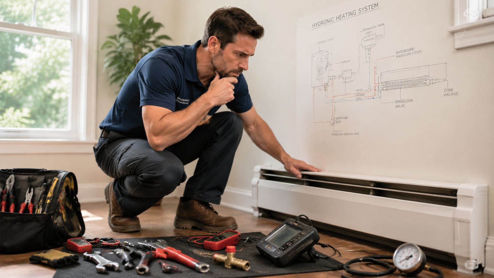A professional technician inspects a hydronic baseboard heating system while examining a technical diagram on the wall.