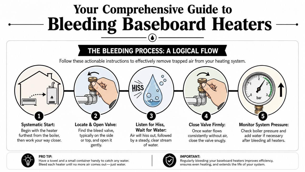 An infographic showing the five-step logical process for bleeding trapped air from baseboard heaters at home.