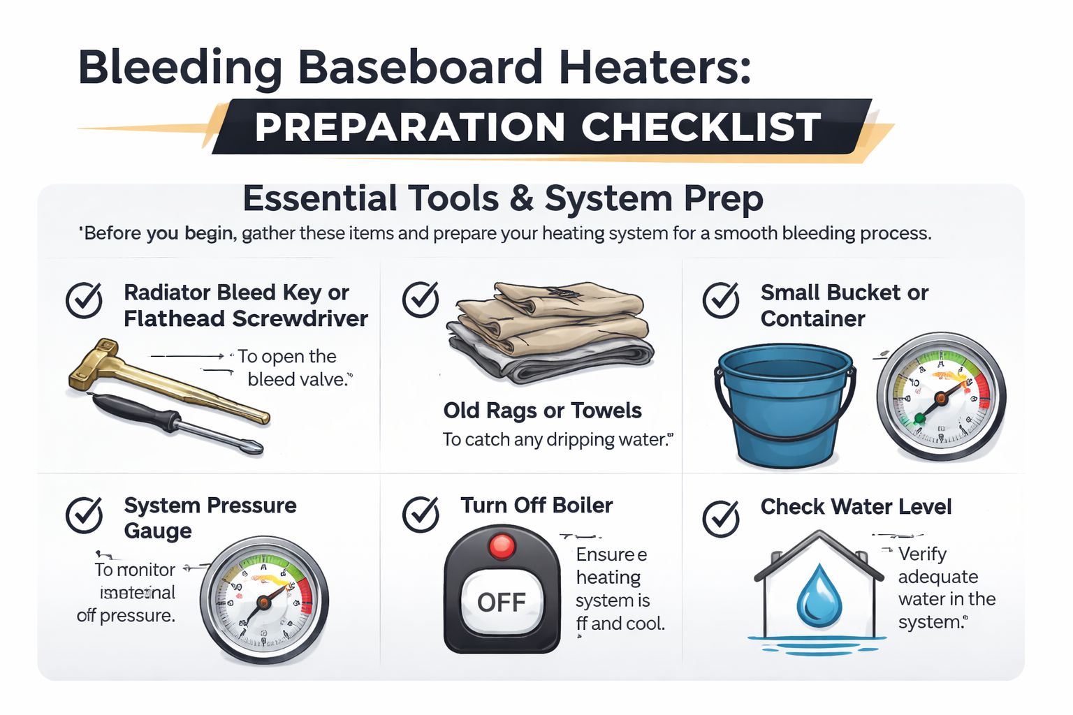 An infographic checklist showing the essential tools and preparations needed before bleeding home baseboard heaters.