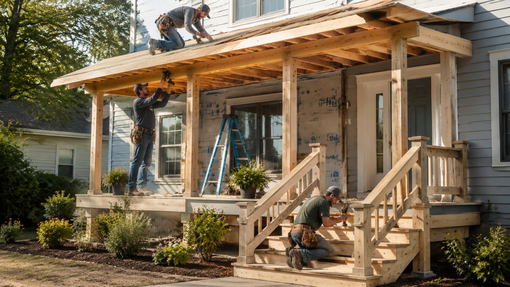 Three construction workers are actively engaged in building and installing a wooden front porch on a house.