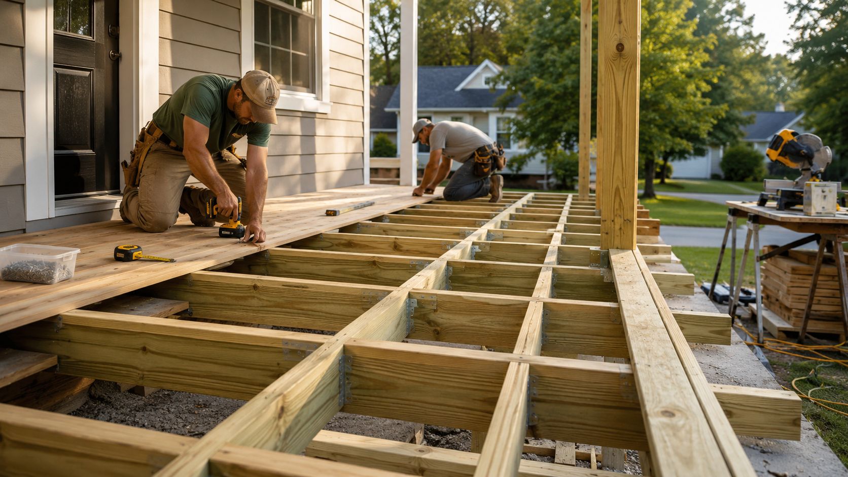 Two construction workers kneeling and installing wooden deck boards on a new front porch frame.
