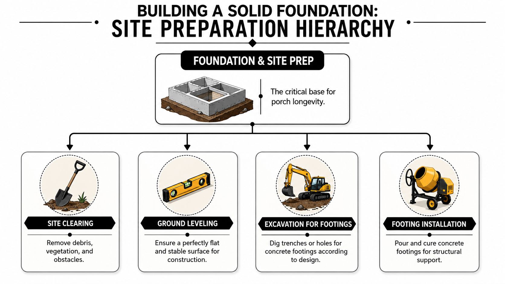 An infographic showing the four essential steps for preparing a site for a porch foundation.