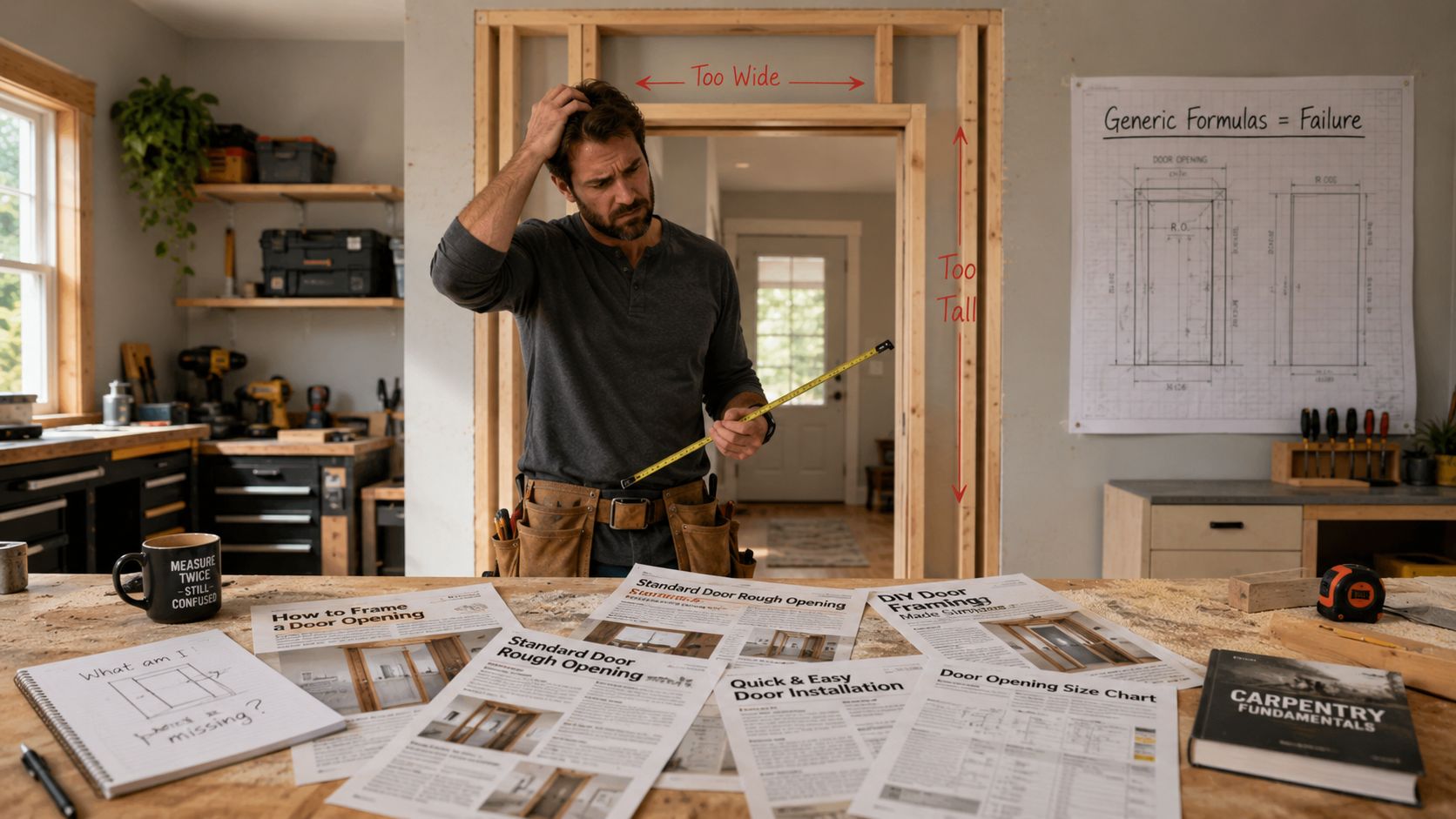 A confused carpenter measuring a door frame that is incorrectly sized for his project.