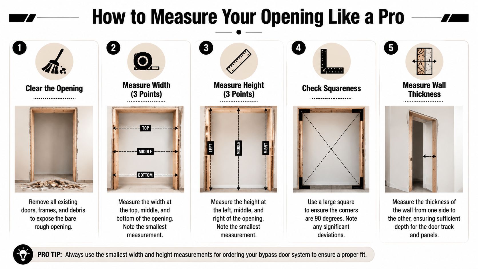 An instructional infographic detailing the five essential steps to accurately measure a rough opening for bypass doors.