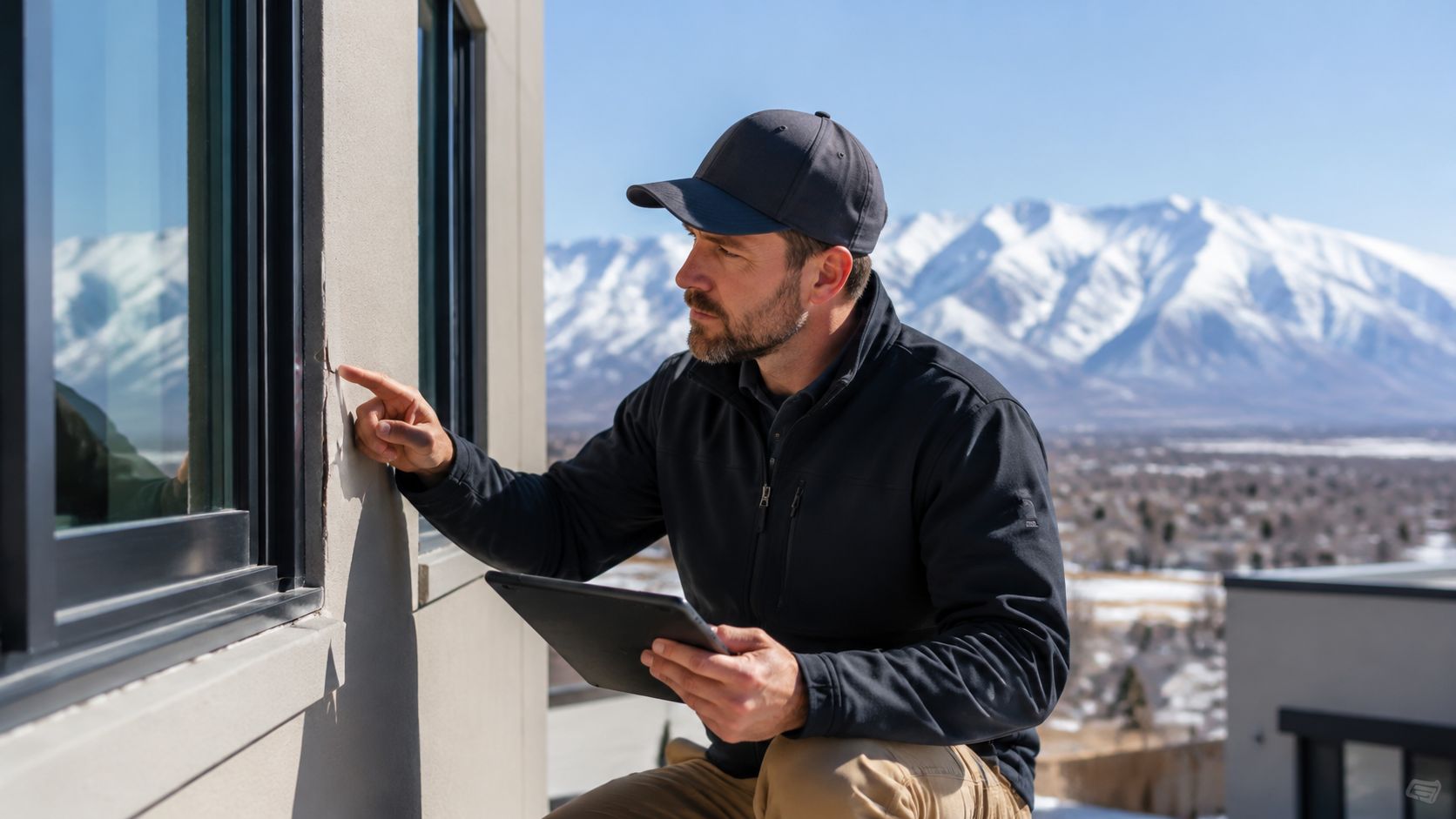A professional building inspector examines a crack near a window frame while using a digital tablet.