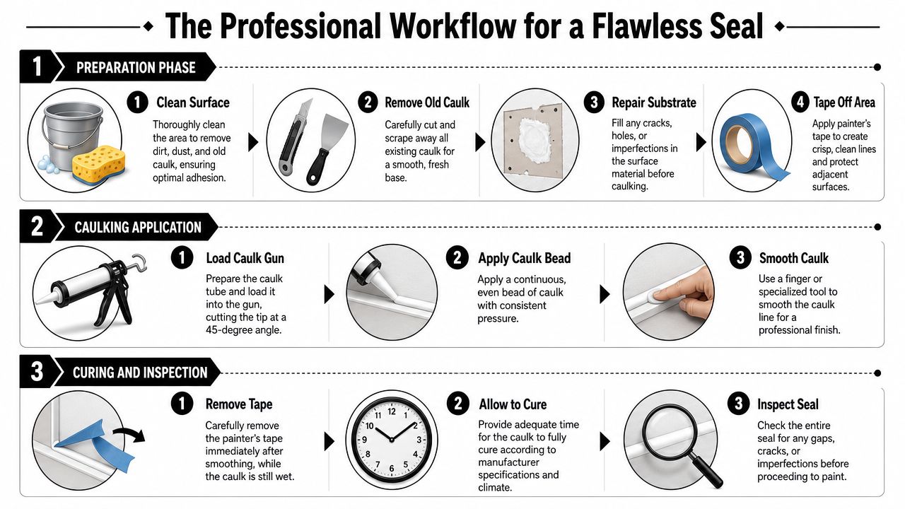 An infographic showing the professional three-step process for applying caulk, from preparation to curing and inspection.