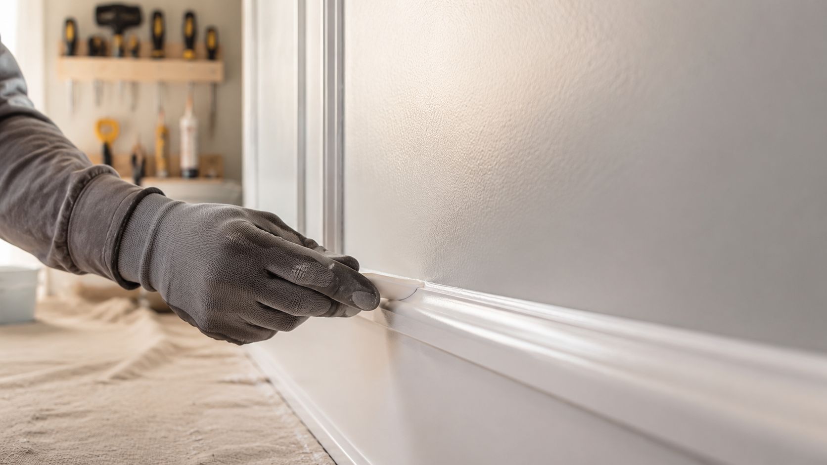 A gloved hand uses a caulking tool to smooth sealant along the edge of white baseboard molding.