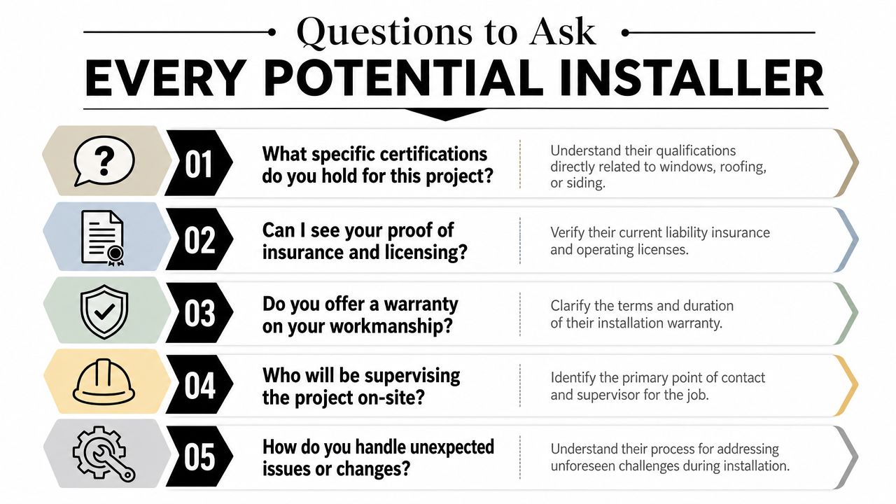 A checklist infographic titled Questions to Ask Every Potential Installer regarding home renovation and construction services.
