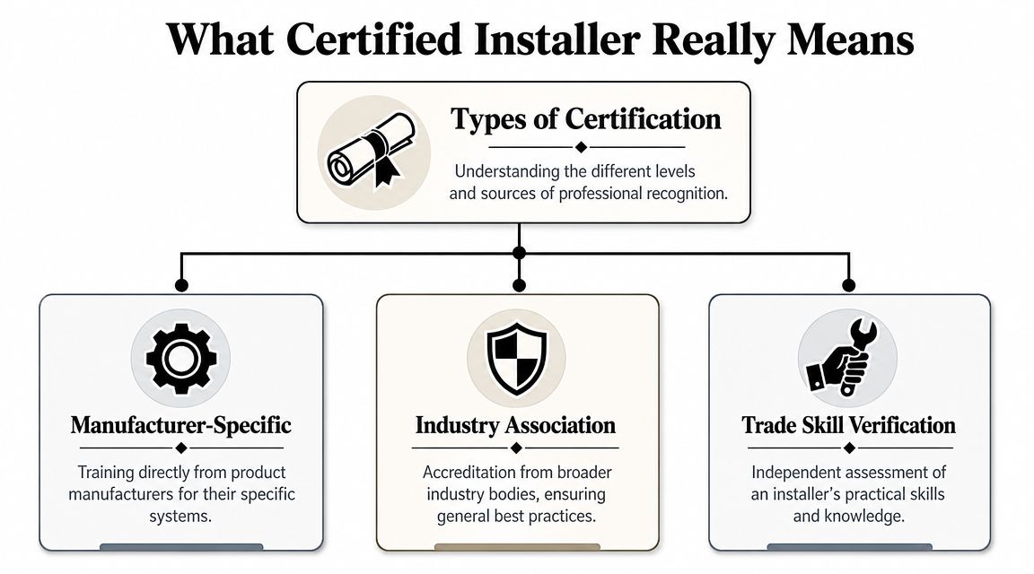 A diagram explaining the three types of certified installer professional recognition: manufacturer-specific, industry association, and trade skill verification.