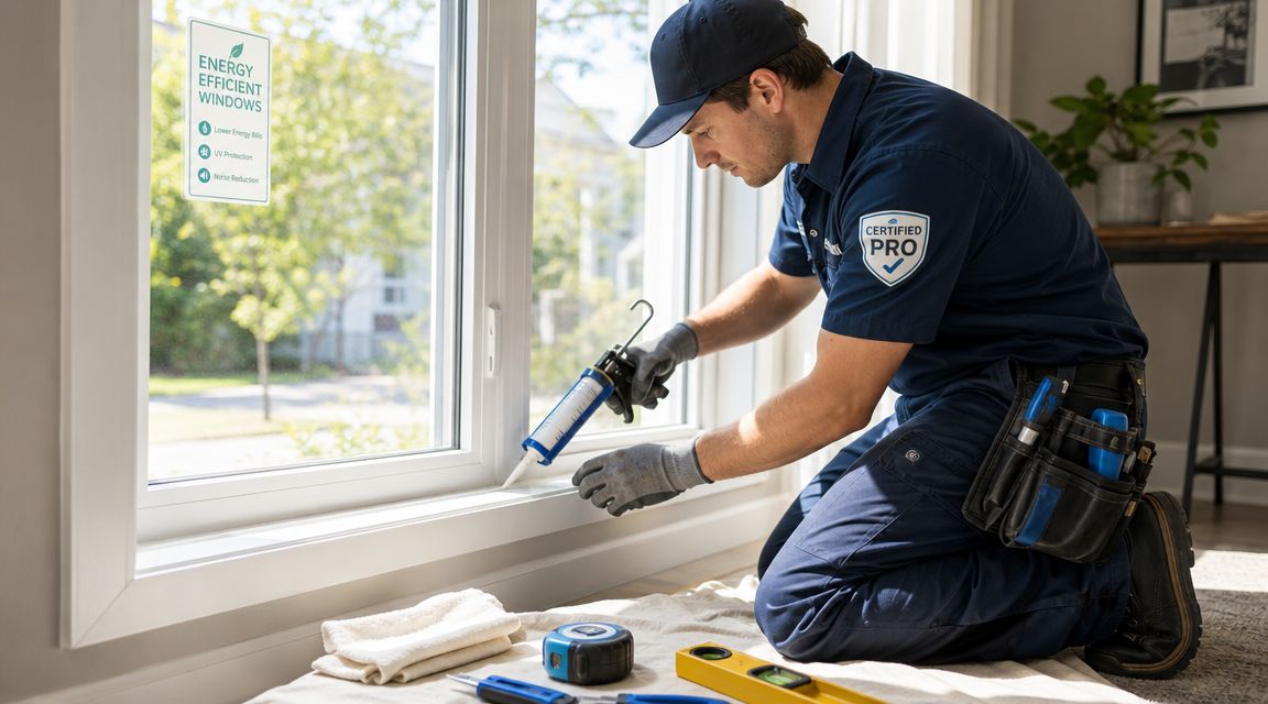 A professional technician wearing a certified uniform applies caulk to a white energy-efficient window frame indoors.