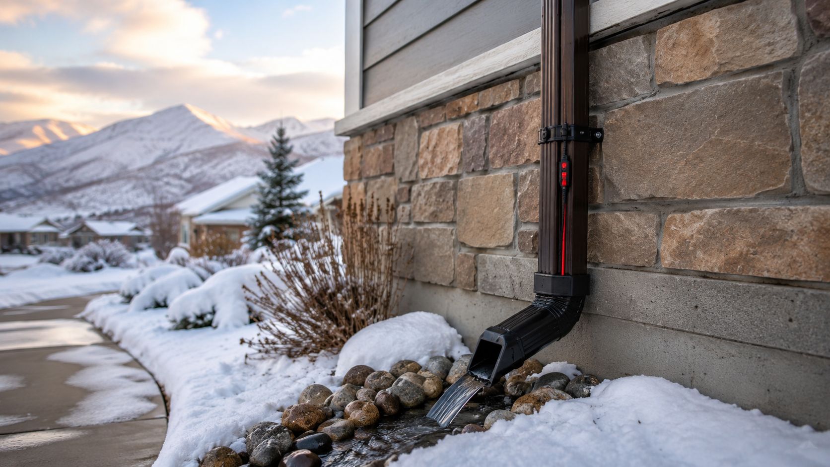 A brown downspout on a stone house exterior with melting ice draining onto river rocks.