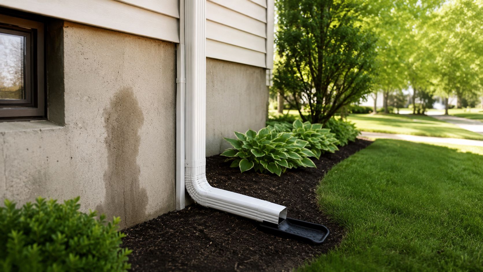 A white gutter downspout extension directing rainwater away from a house foundation next to a garden bed.