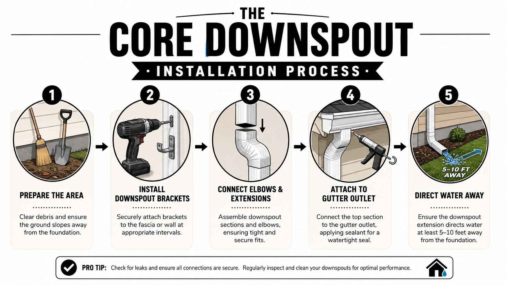 A five-step infographic illustrating the professional process of installing a gutter downspout for home water management.