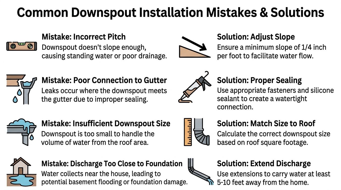An infographic showing common downspout installation mistakes and their corresponding effective solutions for home gutter maintenance.