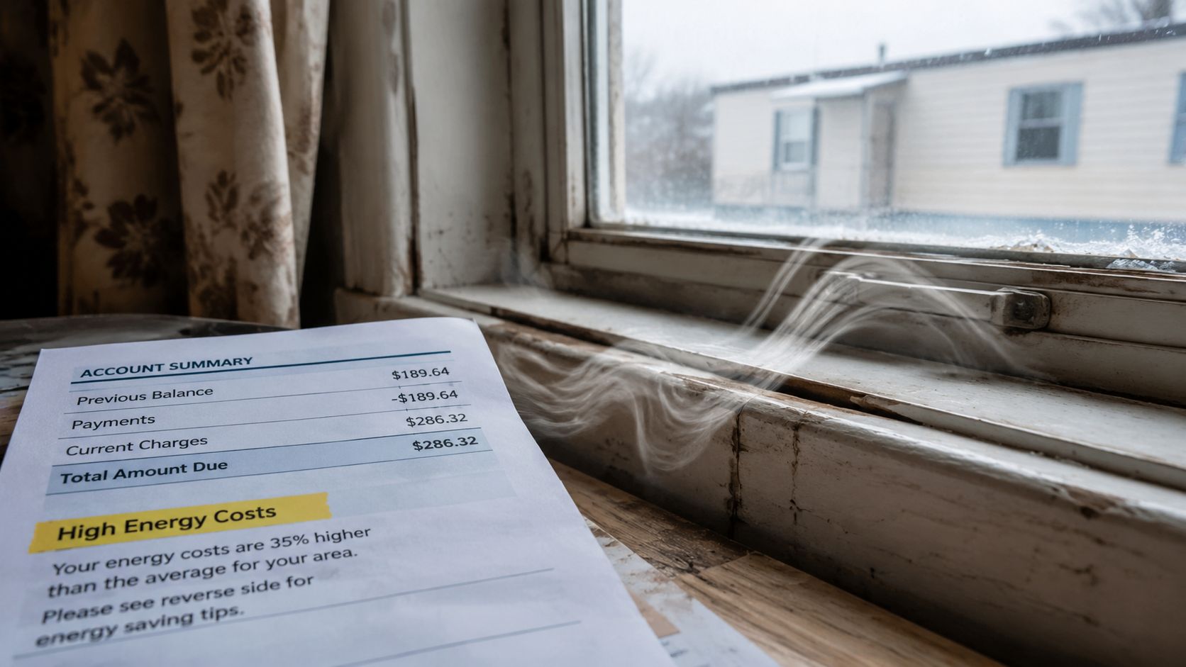 An energy bill showing high costs next to a drafty window frame with visible escaping air.