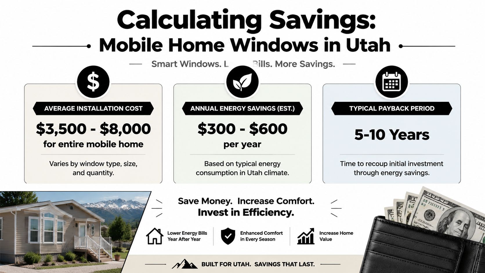 An infographic detailing the costs and energy savings of installing mobile home windows in Utah.