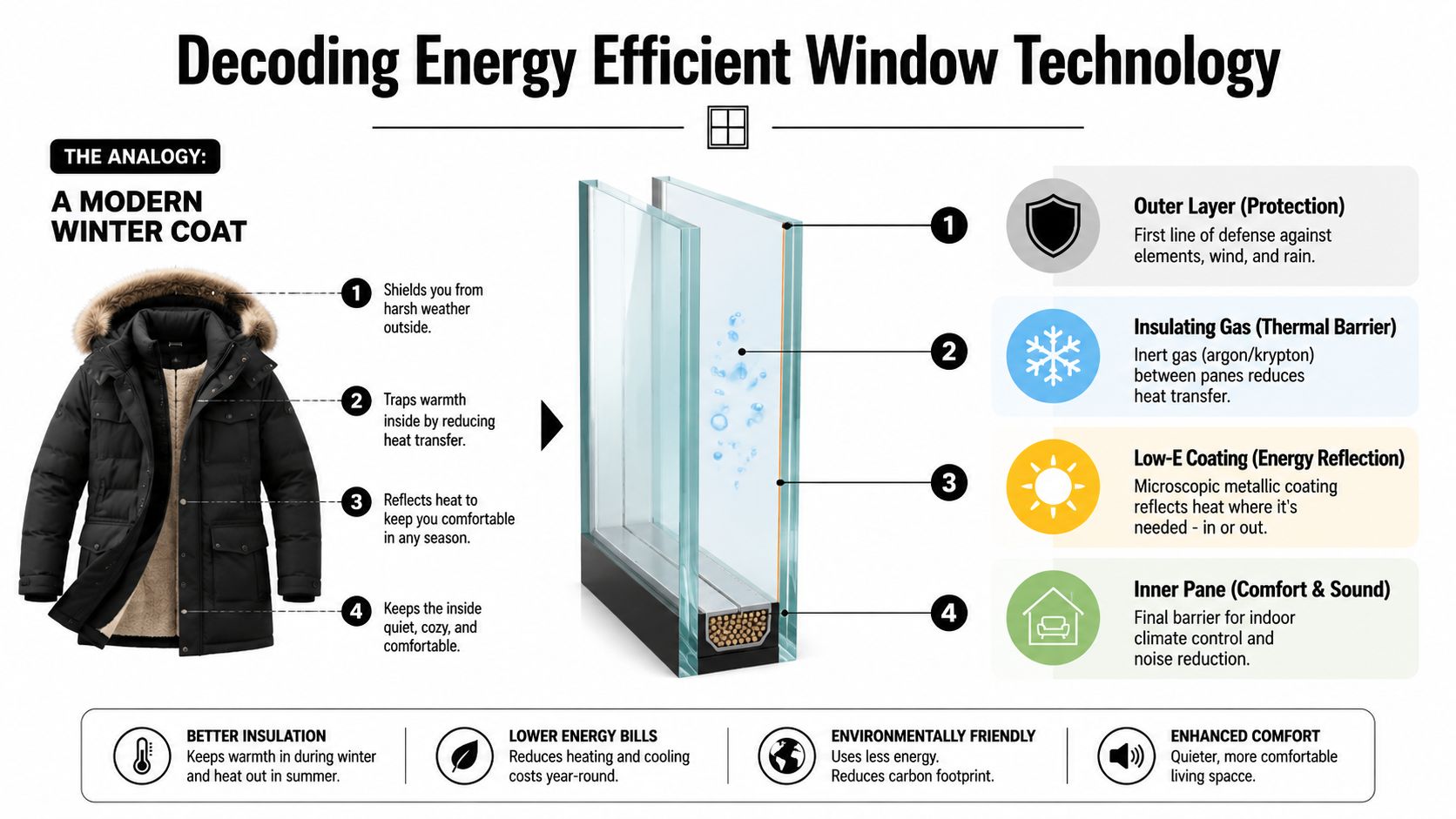 An infographic comparing modern winter coat layers to energy efficient window technology components and benefits.