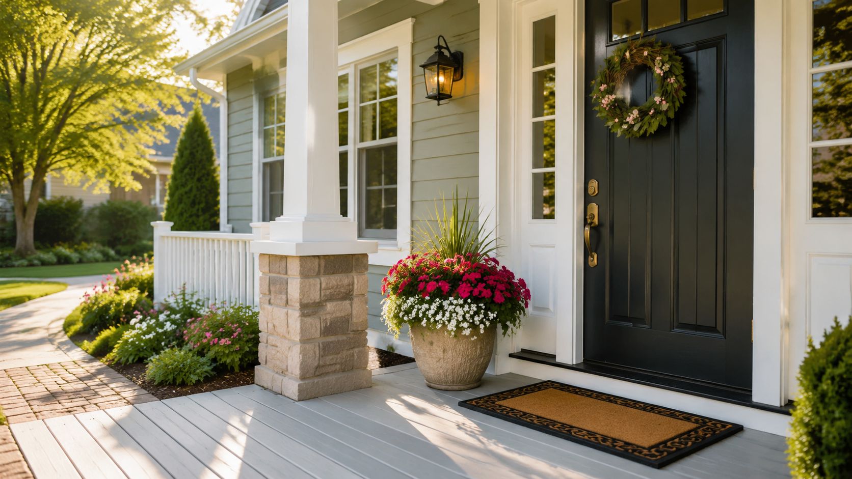A welcoming front porch of a house with a green exterior, black front door, and potted flowers.