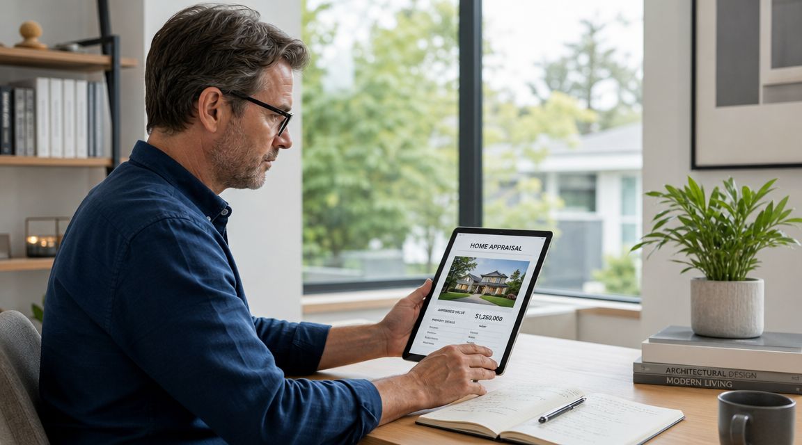 A middle-aged man reviewing a home appraisal report on a digital tablet at his home desk.