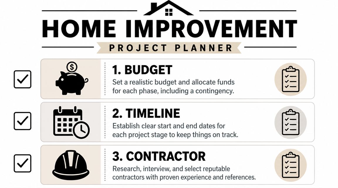 A home improvement project planner graphic showing three steps: budget, timeline, and choosing a reliable contractor.