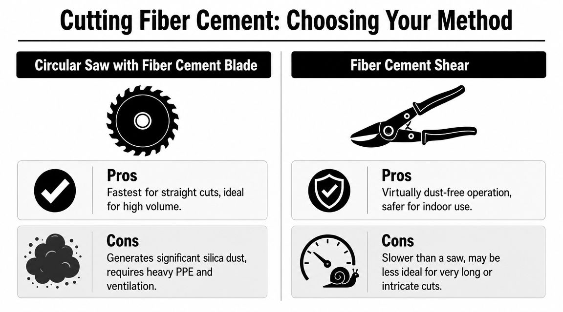 A comparison chart showing pros and cons of using a circular saw versus fiber cement shears.