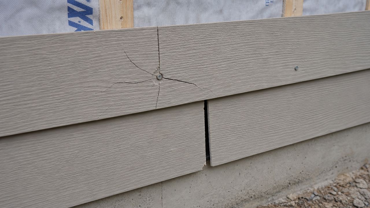 A close-up view of damaged fiber cement siding showing a star-shaped crack around a nail installation point.