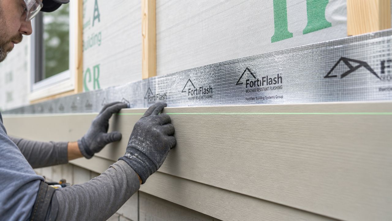 A construction worker uses a laser level to align fiber cement siding planks on a building exterior.