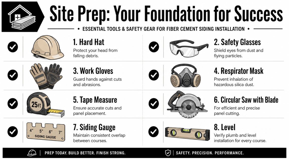 A helpful infographic listing essential safety gear and tools for installing fiber cement siding on buildings.